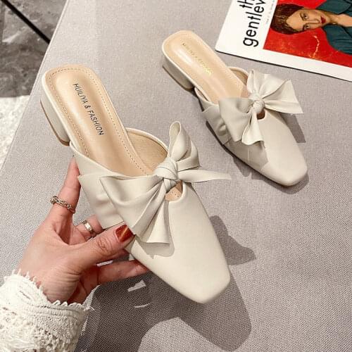 Women Mules Female Sexy Bowtie Slippers Summer Low Heel Square Toe PU Leather Soft Comfortable Slides Shoes