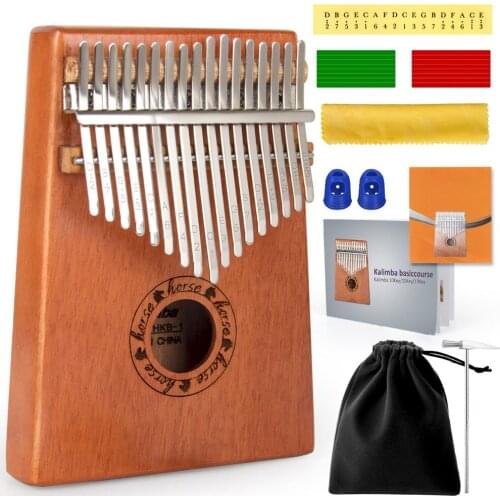 Horse Kalimba 17 Key Thumb Piano Solid Mahogany + Kalimba Stickers Case Book Cloth Tuning Hammer Finger Cover