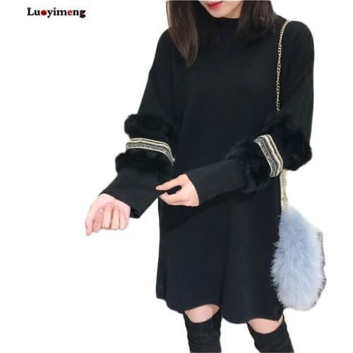 Luoyimeng Winter Women Pearls Sweater Dress Faux Fur Oversized Turtleneck Pullovers Korean Lolita Long Sleeves Knit Pull Jumper