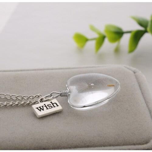 Wish Necklace Real Dandelion seed In Heart Glass Dandelion Pendant Charm Chain Jewelry Women Men Birthday Party Christmas Gifts