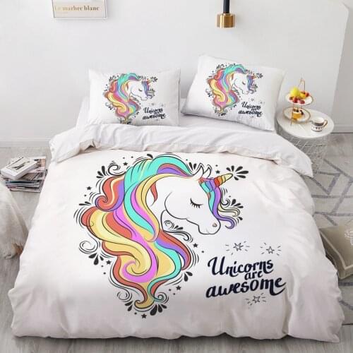 Luxury 3D White Bedding Set Comforter Quilt Cover Full King Queen Double Single Size Unicorn Cartoon Design Custom Bedclothes