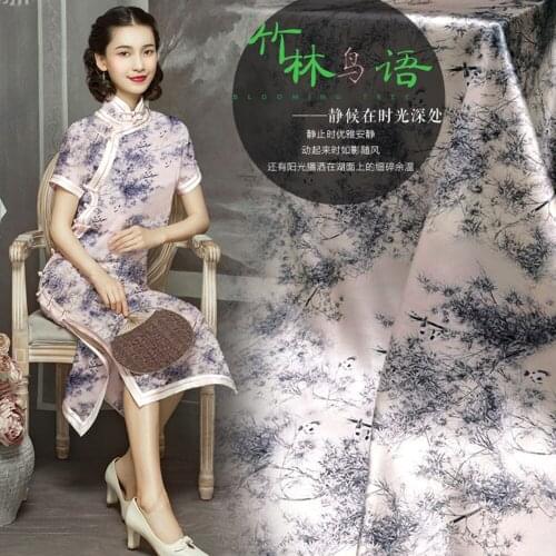Printed silk stretch satin 19momme width 120cm Light Pink Cheongsam Dress Pure Silk Fabric