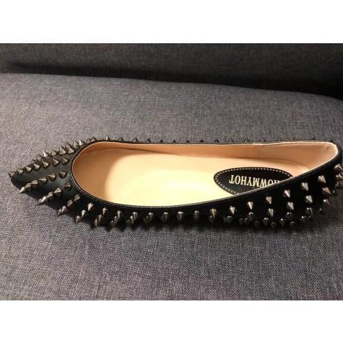 ShowMyHot woman Glitter Spiked Flat Shoes Women Luxury Red Sole rivets Shoes Sequins Heels Party Wedding Shoes Pointed Toe