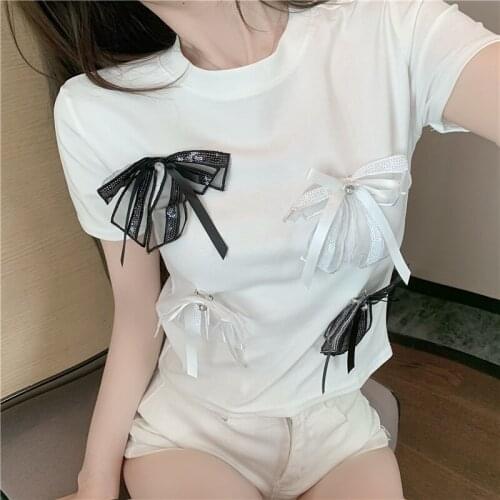 Slim Women Tshirts Spring Summer 2021 New Korean Sequins bow short-sleeved T-shirt short-sleeved female Women Clothin Tees 98i