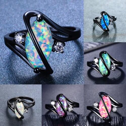 Punk Male Female 14KT Black Gold Ring Classic Leaf Blue Opal Wedding Ring Dainty Round Crystal Engagement Rings For Women Men
