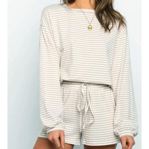 Autumn Striped Womens Sets O-Neck Long Sleeve Top And High Waist Drawstring Shorts Female Set 2020 New Casual Fashion Lady Suit