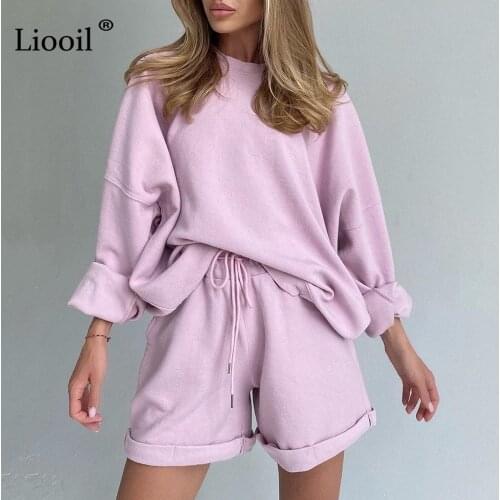 Liooil Two Piece Sets Sweatshirts And Shorts Women 2021 Long Sleeve O Neck Elastic Waist With Pockets Ladies Casual Outfits