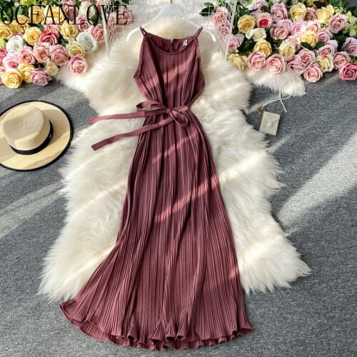 OCEANLOVE Pleated Solid Vestidos Summer Bandage Bow Sleevelesss Sexy Dresses Women Bow Holiday Beach Long Dress Bow 17367
