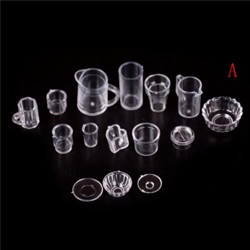 15Pcs/Set 1:12 Scale Miniature Transparent Plastic Plate Cup Dishes Bowl Tableware Set Doll Food Kitchen Cooking Accessories