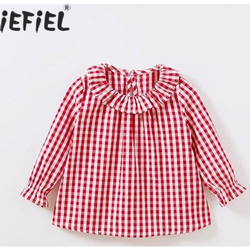 2021 Spring Baby Girls Long Sleeve Blouse Children Plaid Ruffles Collar T-Shirts Top Kids Flare Sleeve Cotton Shirt Girl Clothes