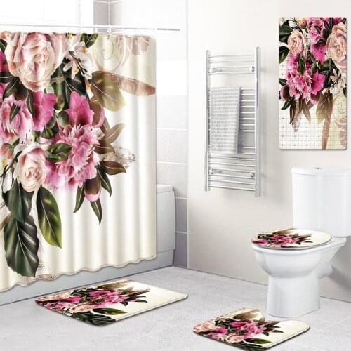 Flower Print Bath Mat 5 Piece Shower Curtain + Shower Mat Set Non Slip Carpet Bathroom Rugs Toillete Seat Cover Kicthen Doormat