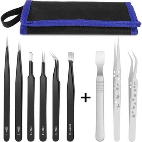 9 Pcs Tweezers Set Stainless Steel Anti-Static Precision Tweezers for Electronic Mobile Phone Repair Tools Hand Tools