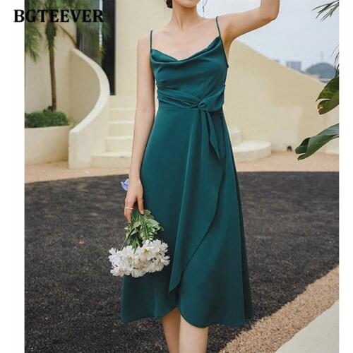BGTEEVER Elegant Spaghetti Strap Women A-line Dress 2021 Summer Ladies Sundress Slim Waist Vintage Split Female Midi Dress