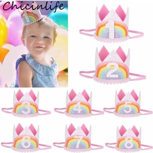 Chicinlife 1Pcs 1-8 Years Old Rainbow Birthday Crown Headband Baby Shower 1st Birthday Party Hat Girl Hair Accessory Supplies