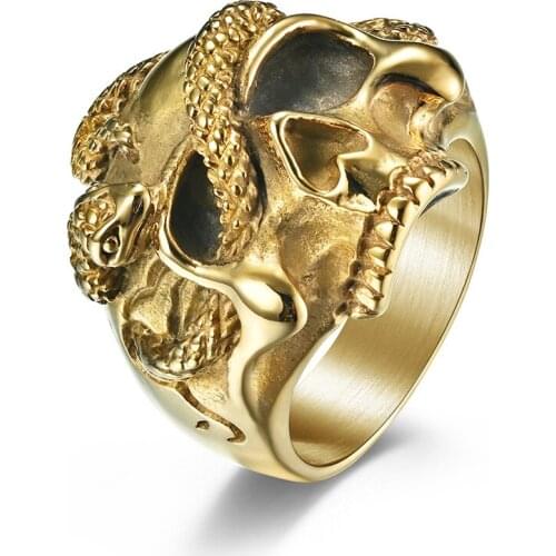 INSCHIC Free Shipping Hiphop Rock Style Wide Surface Big Large Snake Viper Skull Ring For Men Stainless Steel Dark Style Golden