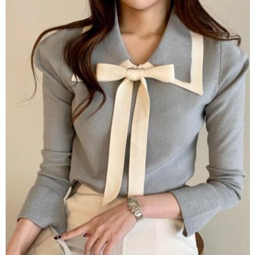 Korean Chic Early Autumn Gentle Style Temperament Color Matching Lapel Bow Tie Strap Slim Flared Sleeve Knit Top Women