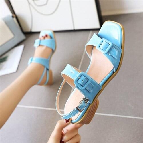 YQBTDL Summer 2020 Open Square Toe Buckle Design Blue White Pink Chunky Heels Sandals Women Daily Leisure Office Shoes Big Size