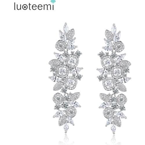LUOTEEMI Clear Cubic Zircon Long Pendant Drop Earrig for Women Multiple Flowers Fashion Jewelry New Arrivals