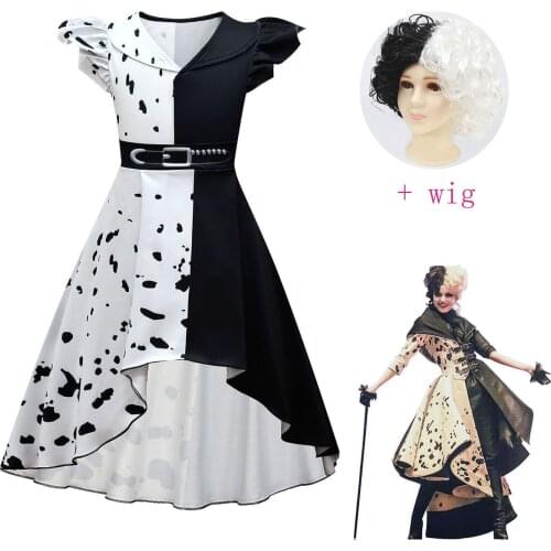 Fashion Movie Halloween Costumes for Kids Clothes Girls Cruella De Vil Cosplay Fancy Black White Polka Maid Princess Dresses