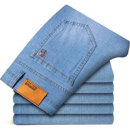 Large size Brand men trouses 44 46,Loose lyocell stretch thin section,soft Slim funky pants,Classic business sky blue jeans men