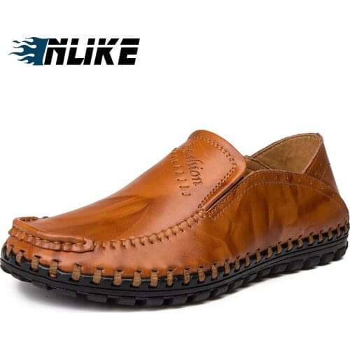 Inlike Men Cow Leather Flat Shoes Fashion Men Loafers Breathable Slip-On Men Driving Shoes
