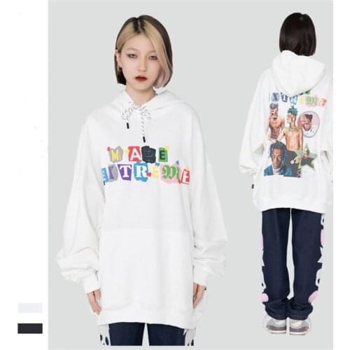Street Retro Couple Hoodies Autumn and Winter Hip Hop Letters Print Mens Loose Sweatshirt Long Sleeved Pure Cotton Tops Women