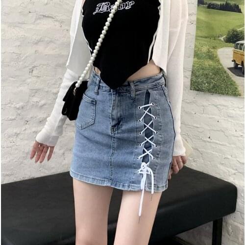 Spot Chinese new female skirt design feeling binding belt high waist elastic wrap buttock jeans pant skirt