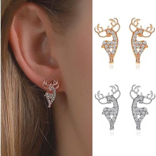 Sweet Women Fashion Crystal Elk Shaped Stud Earrings for Women Cute Animal Charm Earrings Jewelry Gifts