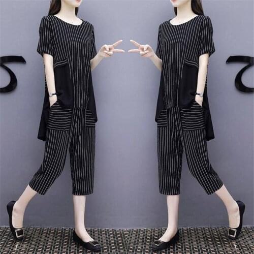2019 Summer Two Piece Outfits Tracksuits for Women Co-ord Set Plus Size Large 3xl 4xl 5xl Pants Suits and Top Striped Clothing