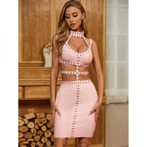 New Arrival Bodycon Bandage Dress 2021 Sexy Hollow Out Studded Black Pink Women Summer Dress Fashion Evening Party Dress Vestido