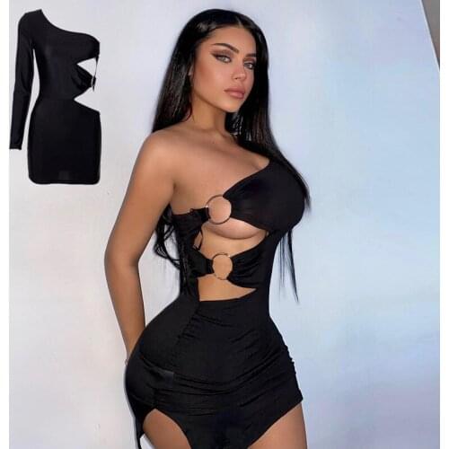 SKMY Summer New Solid Color Ring Oblique Shoulder Hollow Open Waist Irregular Dress Black Bodycon Sexy Evening Party Short Dress
