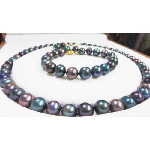 9-10MM TAHITIAN BLACK PEARL NECKLACE 18" BRACELET 8" EARRING SET