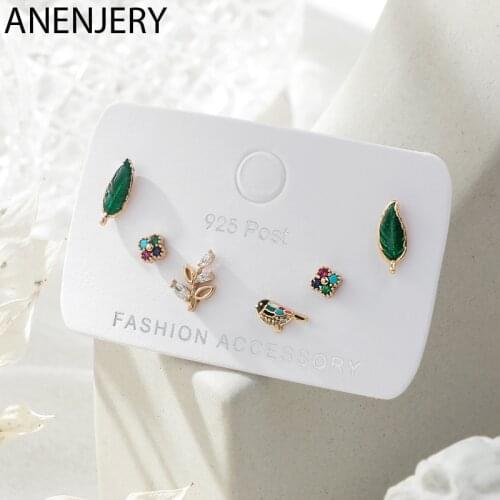 ANENJERY Lovely Drip Glaze Leaf Bird Flower Stud Earrings Set for Women 6-Piece Colorful Zircon Earrings Set Jewelry S-E1205