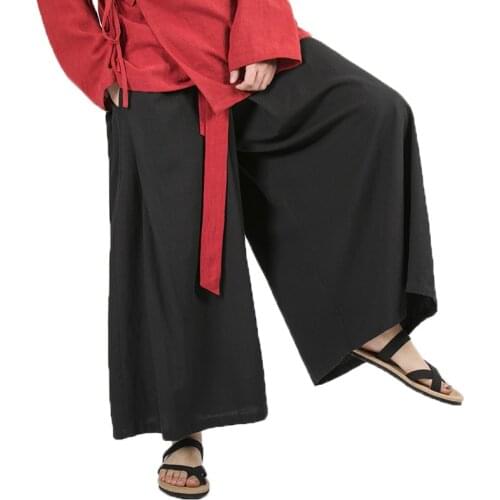 Chinese Style 2020 Men Cotton Linen Wide Leg Pants Black Harajuku Male Streetwear Harem Pants Man HanFu Kongfu Trousers Skirt