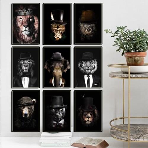 Black Creative with Hat Animal Print Canvas Painting Tiger Lion Poster Elephant Owl Prints Wall Art Picture for Living Room