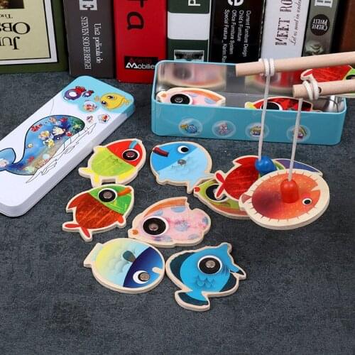 Kids Wooden Toys 14pcs Set Iron box Magnetic Fishing Toy Game Kids 2 Rod 3D Fish Baby Bath Toys Outdoor Fun