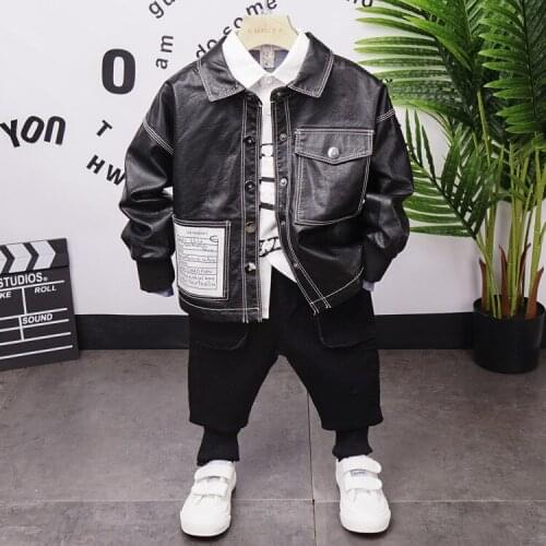 Children Boys Clothing Sets Fashion Baby boys PU coat , shirts and jeans 3Pcs/Sets Spring Autumn Toddler Tracksuits (A8853