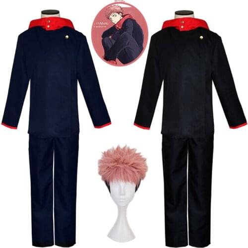 Anime Jujutsu Kaisen Itadori Yuji Cosplay Costume for Kids Blue Black Uniform Pink Short Wig Buttons Children Suit Kids Gifts