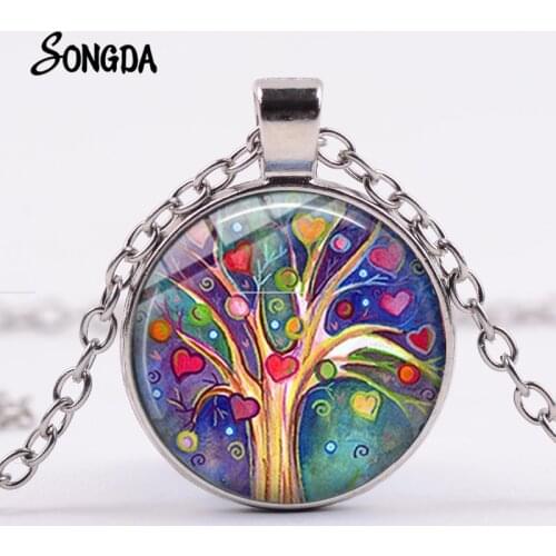 Life Tree Statement Necklace Colorful Tree of Life Glass Dome Pendant Handmade Neckalce Gifts Vintage Silver Color Chain