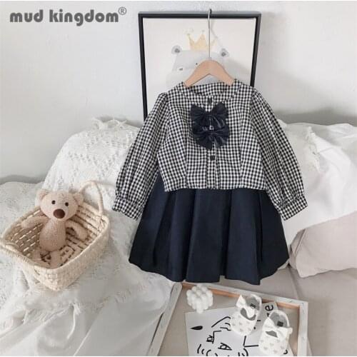 Mudkingdom Girl Skirt Set Plaid Bow Long Sleeve Blouses Solid Pleated Skirts Preppy Style Outfits for Girls Spring Autumn Sets