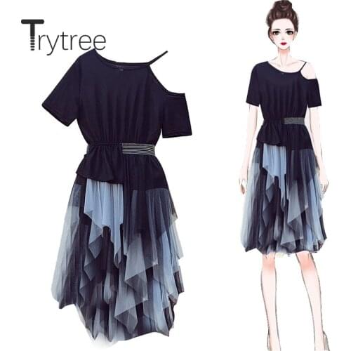Trytree 2020 Summer Casual Women O-neck Dress Patchwork Mesh Elastic Waist Fashion Elegant A-line Black Knee Length Fairy Dress