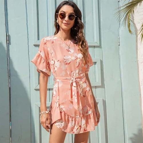 Summer Women Printed Floral Sexy Mini Dress High Waist Short Sleeve O-neck Ruffles Ladies Dress Holiday Party Dresses