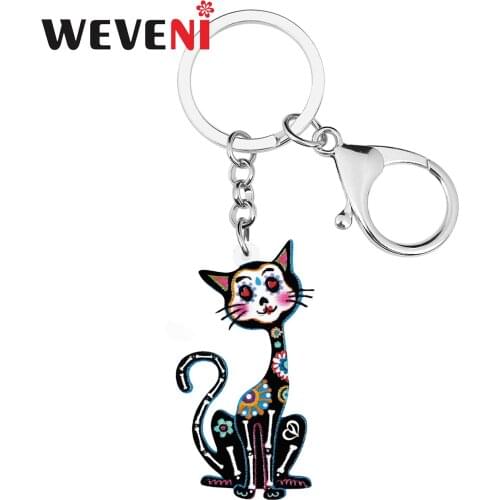 WEVENI Acrylic Halloween Sweet Flowers Skull Skeleton Sitting Cat Keychains Fashion Key Ring Charm Gifts Jewelry For Women Girl