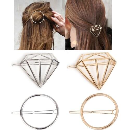 Fashion Alloy Diamond Geometric Circle Shape Hair Accessories Hairpin Word Clip Headwear Barrettes for Women Girls Simple Style
