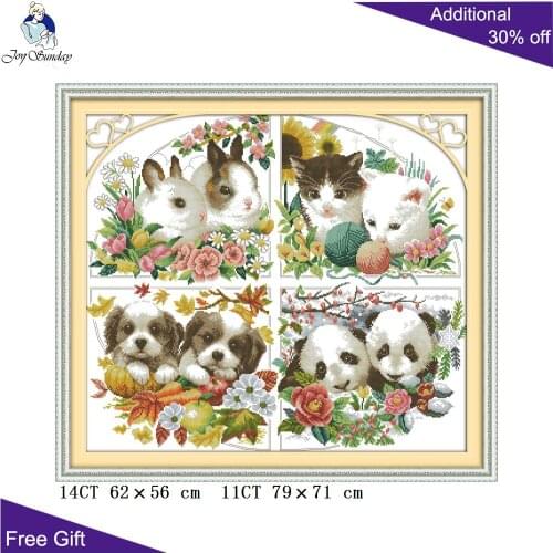 Joy Sunday Four Seasons Animal Needlework D343 Counted and Stamped Home Decor Four Seasons Animal Cross Stitch Kits Embroidery