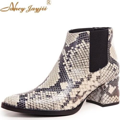 Virgo Mid Heel Chelsea Boots Woman Ankle Botas Studded Welt Snake-embossed Design Chunky Heels Ladies Shoes Dress Party Sexy 45