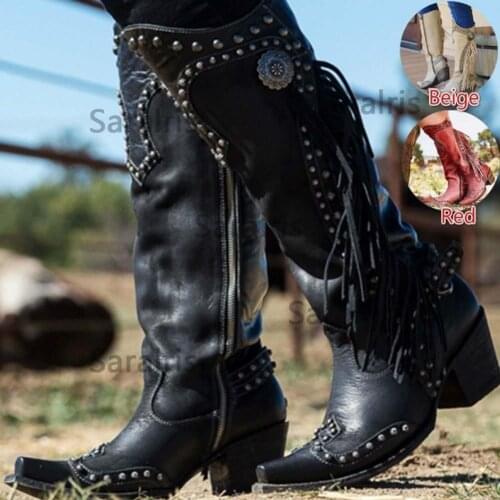 Sarairis New Fashion 2020 Ethnic Vintage Tassled Knight Boots Woman Shoes Riveting Nail Zip Popular Shoes Ladies Boots Female