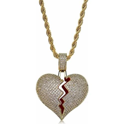 OMYFUN Broken Heart Necklace Hiphop Men Jewelry CZ Iced Pendant Necklace Bijoux Gold Color Necklace Bling Hot Rapper Jewelry