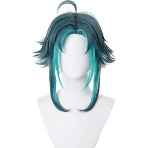 Game Genshin Impact Xiao Cosplay Wig Mixed Dark Green Blue Short Heat Resistant Synthetic Hair Anime Role Play Wigs + Wig Cap