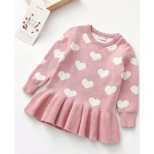 Girls Dress Wool Knitting Sweater Heart Printed Lace Short Skirt Pullover for Kids